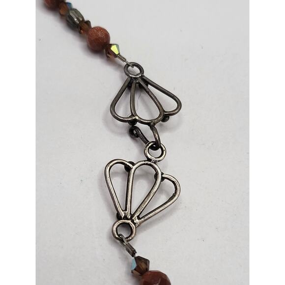 Fused Glass Art Pendant Necklace Goldstone Beaded Boho Statement 19 In - Picture 10 of 13